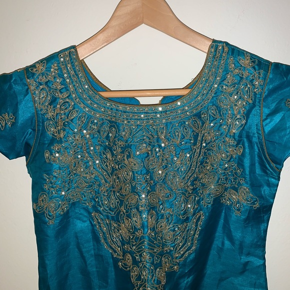 blue gold bollywood indian dress tunic kurti top - Picture 2 of 4
